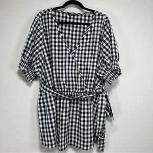 BLOOMCHIC Black White Gingham Wrap Peplum Top Tie Waist Cottagecore Blouse